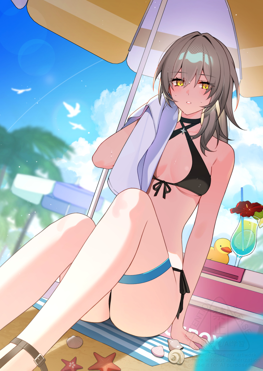 1girl alternate_costume bare_shoulders beach beach_umbrella bechu bikini black_bikini blue_sky blurry blurry_background breasts commentary criss-cross_halter cup day drinking_glass dutch_angle feet_out_of_frame flower front-tie_bikini_top front-tie_top grey_hair hair_ornament halterneck highres holding holding_towel honkai:_star_rail honkai_(series) juice knees_up long_hair looking_at_viewer medium_breasts medium_hair outdoors parted_lips rubber_duck shell side-tie_bikini_bottom sitting sky solo starfish stelle_(honkai:_star_rail) stomach sweat swimsuit symbol-only_commentary thigh_strap towel trailblazer_(honkai:_star_rail) umbrella underwear wiping_face yellow_eyes