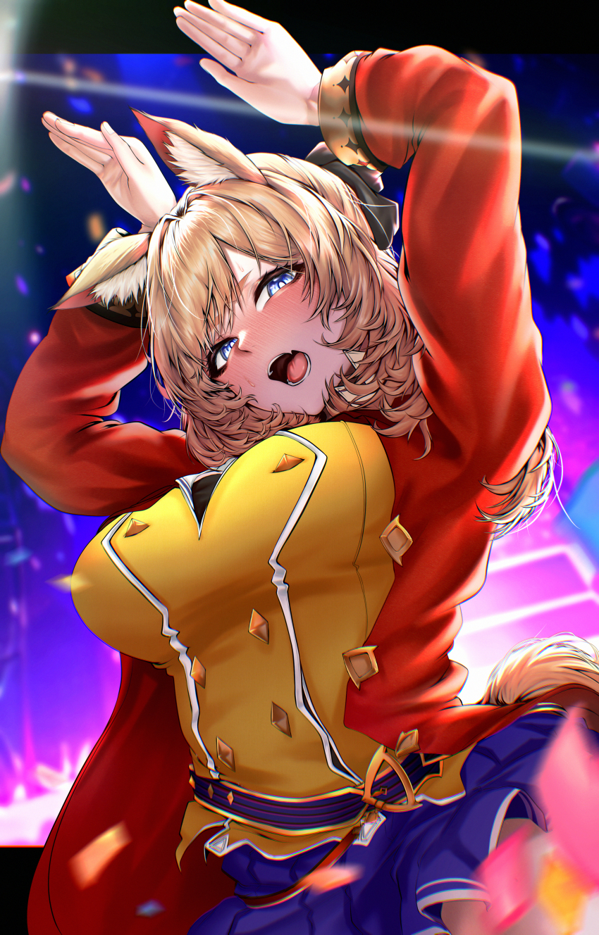 1girl absurdres animal_ear_fluff animal_ears arknights arms_up black_bow blonde_hair blue_eyes blue_ribbon blue_skirt blush bow breasts hair_bow highres horse_ears horse_girl horse_tail indoor_gorilla jacket large_breasts long_sleeves looking_at_viewer open_mouth rabbit_pose red_jacket ribbon shirt skirt solo tail whislash_(arknights) yellow_shirt