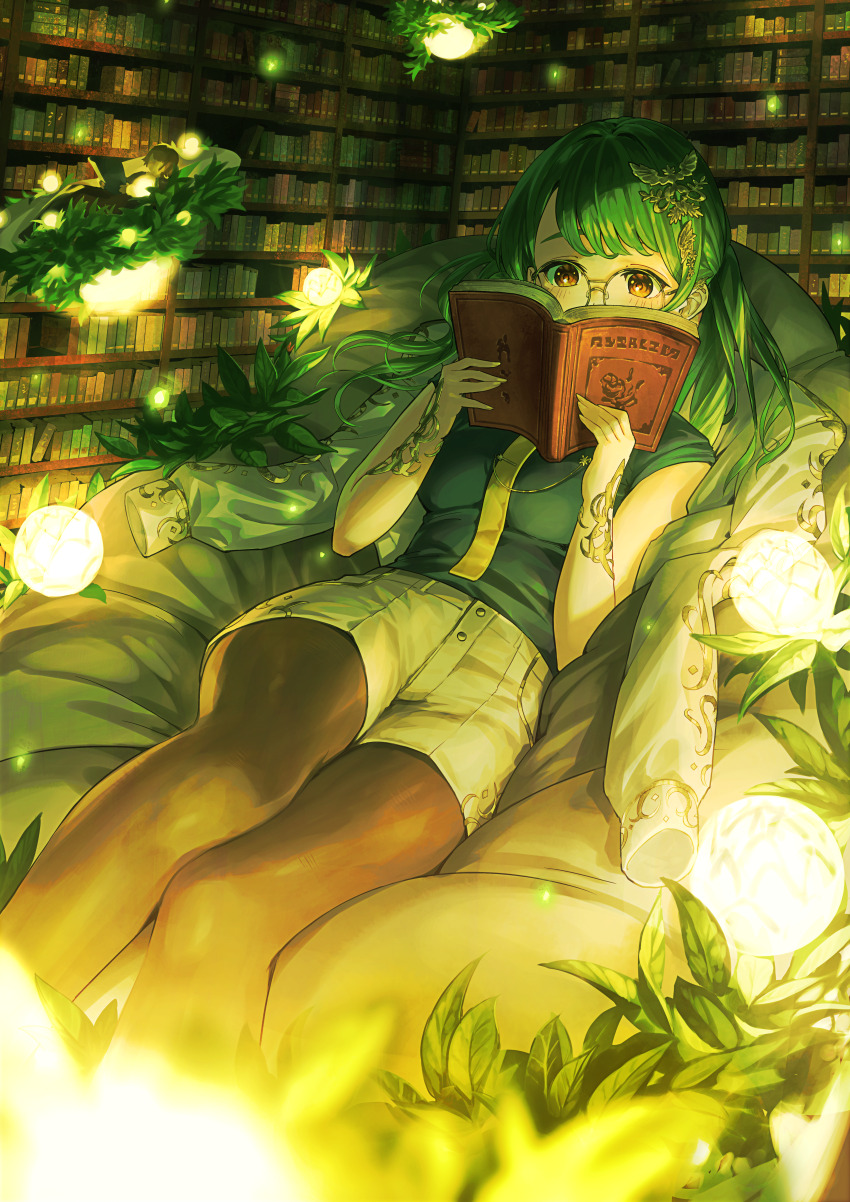 1girl absurdres blush book bookshelf floating glasses green_hair hair_ornament highres holding holding_book jacket leaf long_hair lying necktie nemoto_yuuma on_back original pantyhose reading red_eyes round_eyewear shirt shorts sleeveless sleeveless_shirt solo_focus square-end_necktie tie_clip unworn_jacket white_shorts yellow_light yellow_necktie