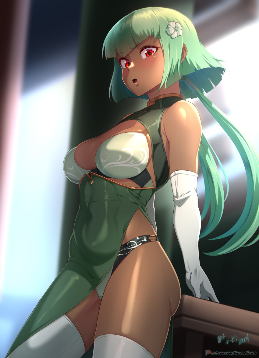 1girl :o alternate_costume arm_support ass blunt_bangs blush bob_cut bra breasts cleavage cleavage_cutout clothing_cutout commentary covered_navel cowboy_shot dark-skinned_female dark_skin dress elbow_gloves emerald_sustrai english_commentary eyelashes flower gloves green_bra green_dress green_hair green_panties hair_flower hair_ornament highres large_variant_set looking_at_viewer medium_breasts medium_hair o-ring o-ring_bottom o-ring_panties open_mouth paid_reward_available panties patreon_logo patreon_username red_eyes rwby side_slit sidelocks signature skindentation solo standing teeth thighhighs thighs turtleneck turtleneck_dress underwear upper_teeth_only variant_set vilde_loh_hocen watermark web_address white_gloves white_thighhighs