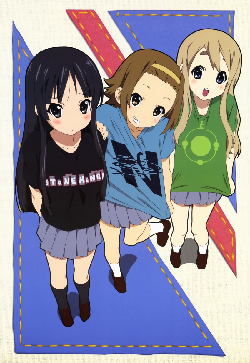 3girls absurdres akiyama_mio black_eyes black_hair blonde_hair blue_eyes brown_eyes brown_hair hairband highres k-on! kotobuki_tsumugi legs long_hair multiple_girls non-web_source nyantype official_art scan school_uniform shirt short_hair socks tainaka_ritsu takemoto_yasuhiro very_long_hair