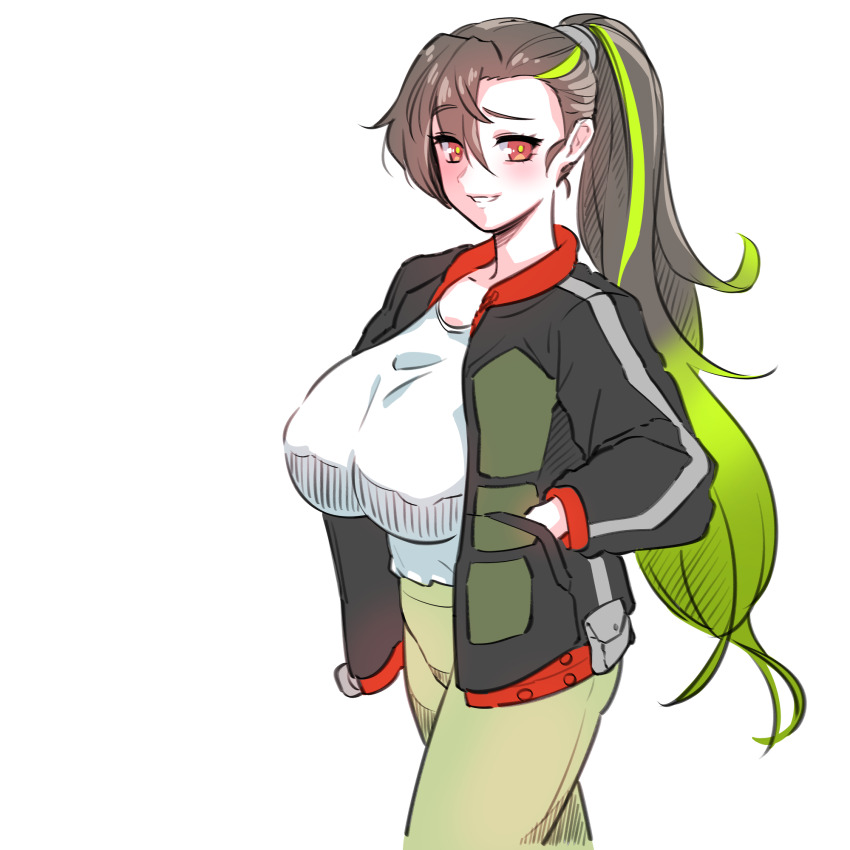 1girl alternate_costume breasts brown_hair casual clover_ace green_hair hair_between_eyes highres huge_breasts jacket last_origin long_hair looking_at_viewer mogijabgo multicolored_hair orange_eyes pants ponytail shirt simple_background smile solo two-tone_hair very_long_hair white_shirt yoga_pants