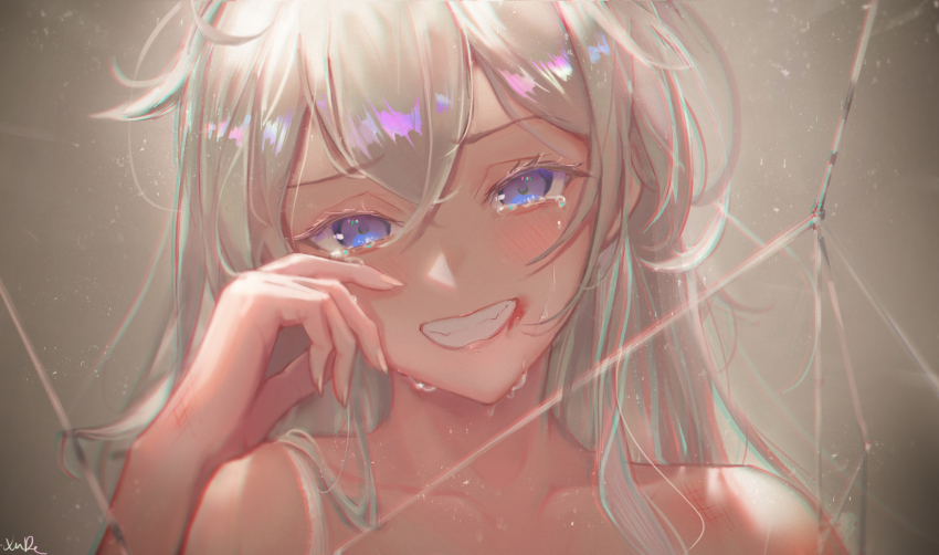 1girl blue_eyes crack crying crying_with_eyes_open highres honkai_(series) honkai_impact_3rd kiana_kaslana long_hair looking_at_viewer sidelocks silver_hair simple_background smile solo tearing_up tears xude