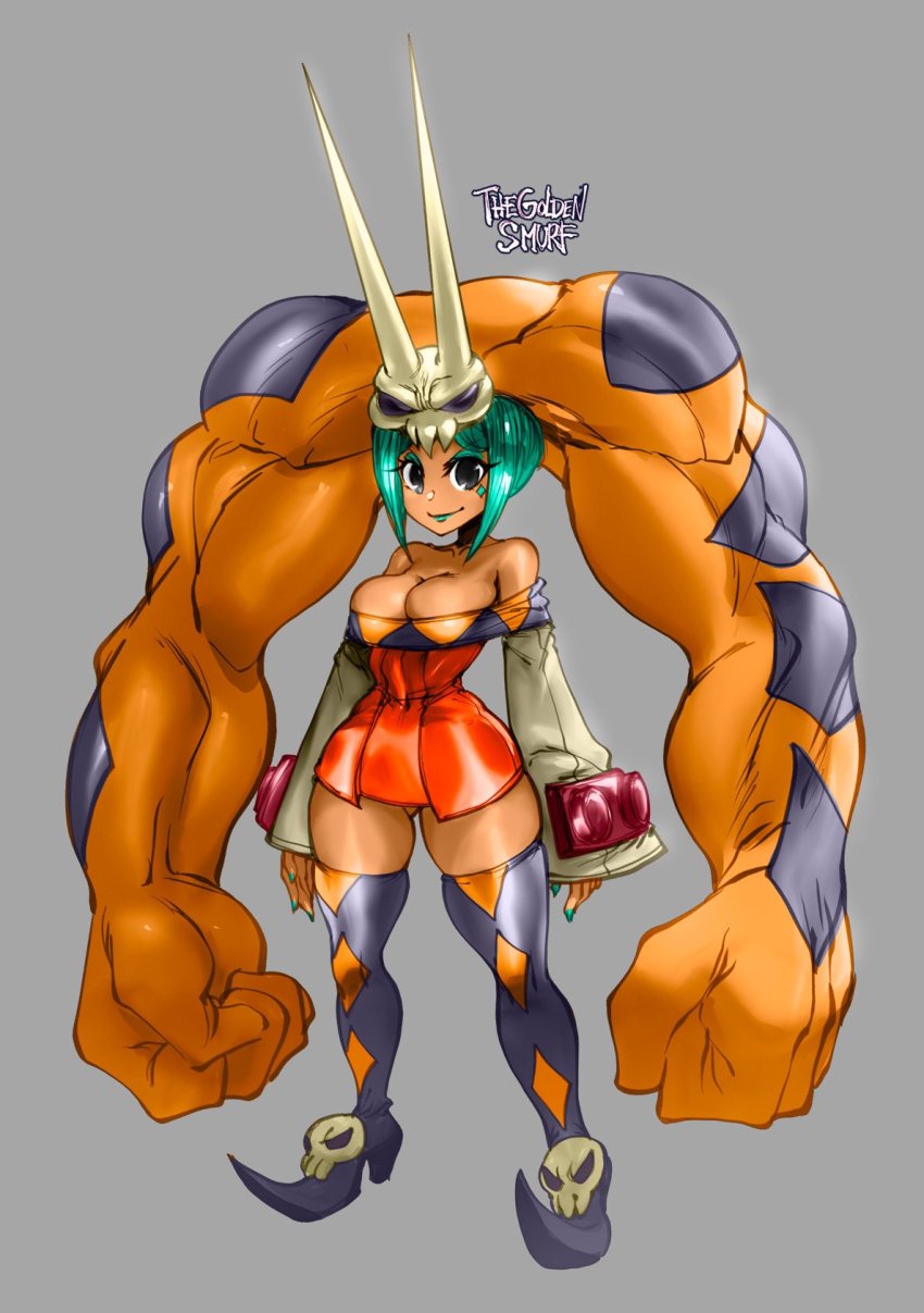 1girl bare_shoulders black_footwear boots breasts cerebella_(skullgirls) cleavage closed_mouth dark_skin dress full_body green_hair green_lips highres large_breasts long_sleeves looking_at_viewer orange_dress pointy_footwear sidelocks signature skirt skullgirls sleeves_past_wrists smile solo standing the_golden_smurf thigh_boots thighhighs thighs vice-versa_(skullgirls) wide_hips zettai_ryouiki