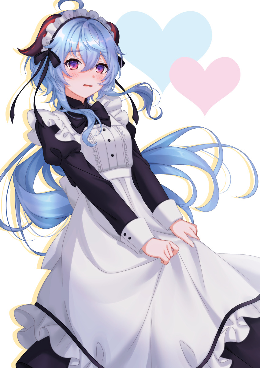 1girl absurdres ahoge alternate_costume blue_hair blush enmaided frills ganyu_(genshin_impact) genshin_impact heart highres horns long_hair looking_at_viewer low_ponytail maid maid_headdress pochimaru_(marumaru_wanwan) purple_eyes sidelocks skirt solo standing victorian_maid wavy_mouth