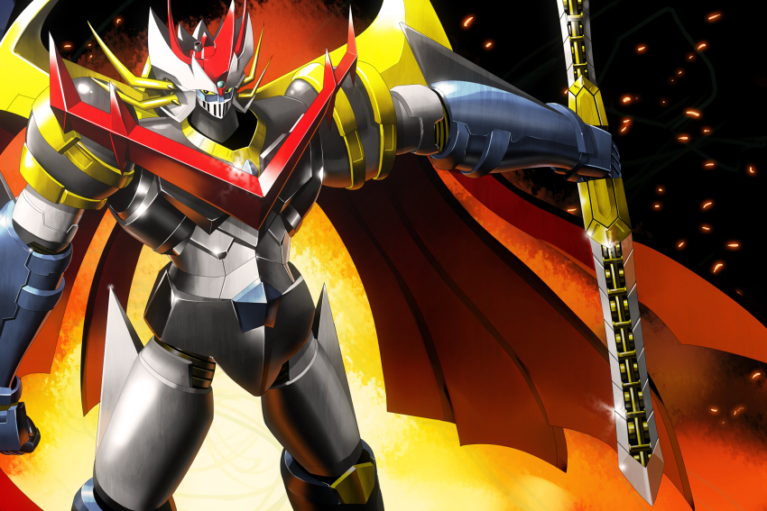 cape clenched_hands highres holding holding_sword holding_weapon horns looking_at_viewer mazin_emperor_g mazinemperor_g mazinger_(series) mecha mecha_focus moyashi_(karamisouma) nagai_gou_(style) no_humans robot science_fiction solo super_robot super_robot_wars super_robot_wars_v sword weapon yellow_eyes