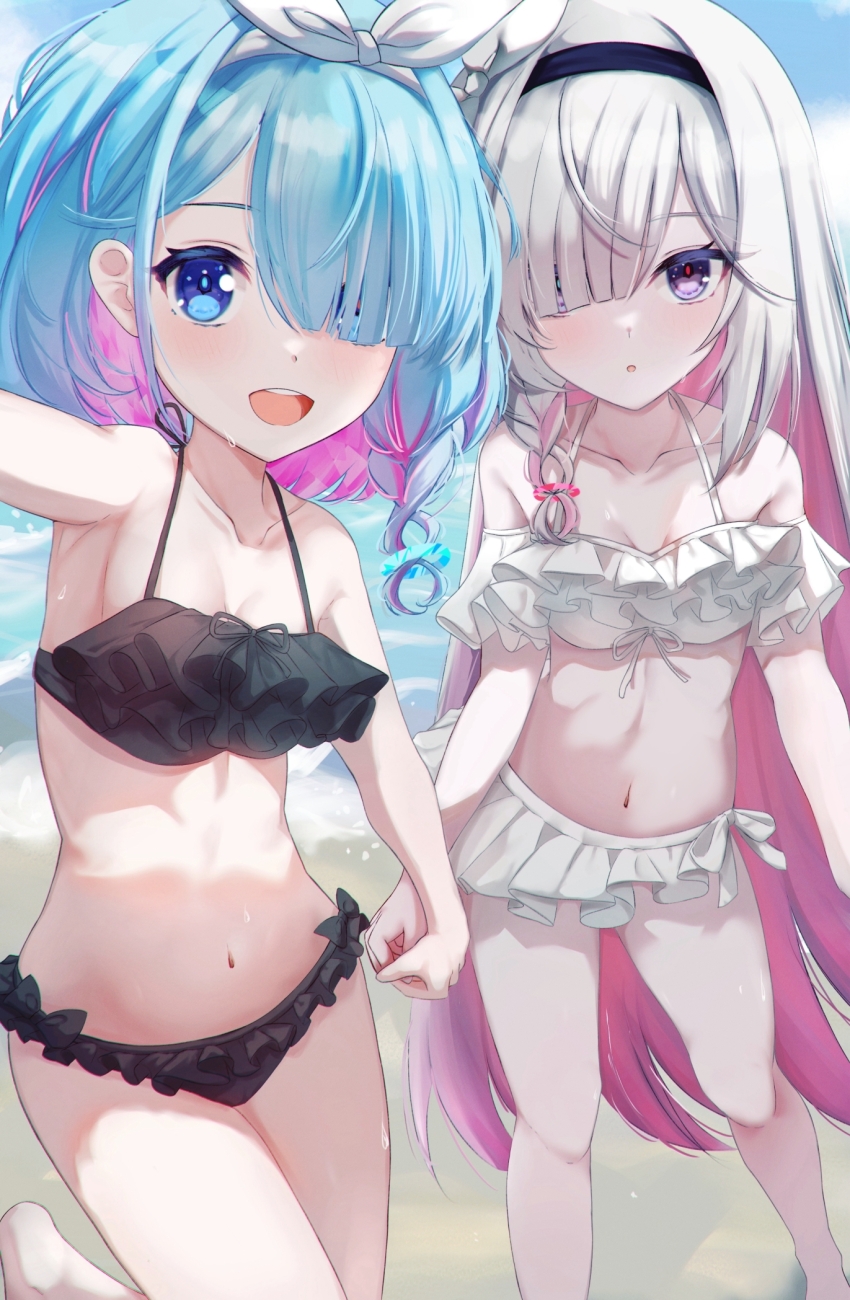 2girls arona_(blue_archive) bare_shoulders blue_archive blue_eyes blue_hair grey_eyes highres multicolored_hair multiple_girls plana_(blue_archive) swimsuit two-tone_hair umidemi white_hair