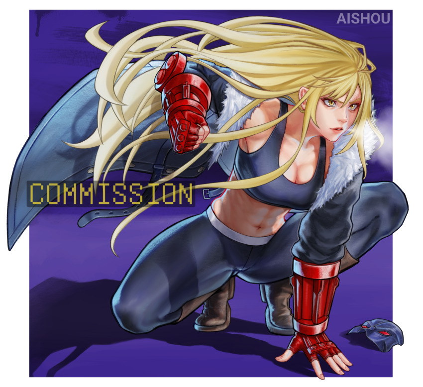 1girl absurdres ai_shou artist_name blonde_hair border braid commentary commission decapre english_commentary fingerless_gloves fur_trim gloves hat highres long_hair mask midriff red_gloves solo street_fighter white_border yellow_eyes