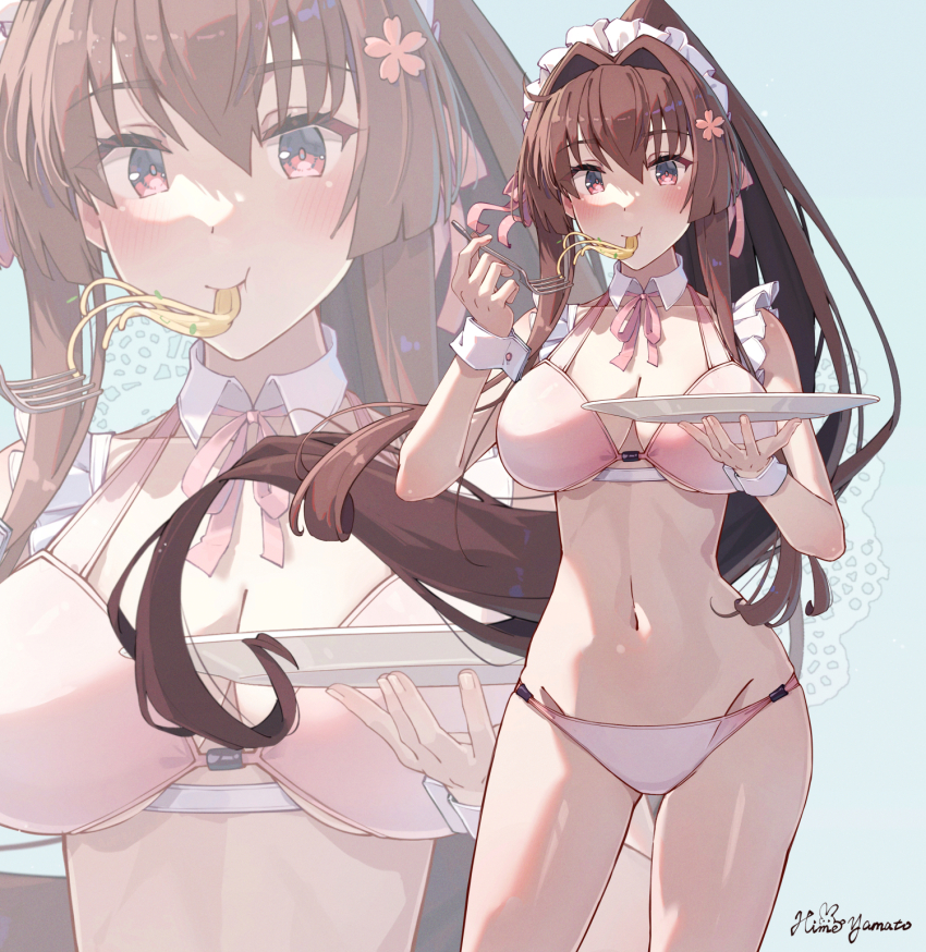 1girl bikini breasts brown_hair cherry_blossoms eating flower food fork hair_between_eyes hair_flower hair_intakes hair_ornament highres himeyamato holding holding_fork holding_plate kantai_collection large_breasts long_hair looking_at_viewer maid maid_bikini maid_headdress navel pasta pink_bikini plate ponytail red_eyes sidelocks smile spaghetti standing stomach swimsuit symbol-shaped_pupils two-tone_bikini unconventional_maid very_long_hair white_bikini yamato_(kancolle) yamato_kai_ni_(kancolle) yamato_kai_ni_(swimsuit_mode)_(kancolle) zoom_layer
