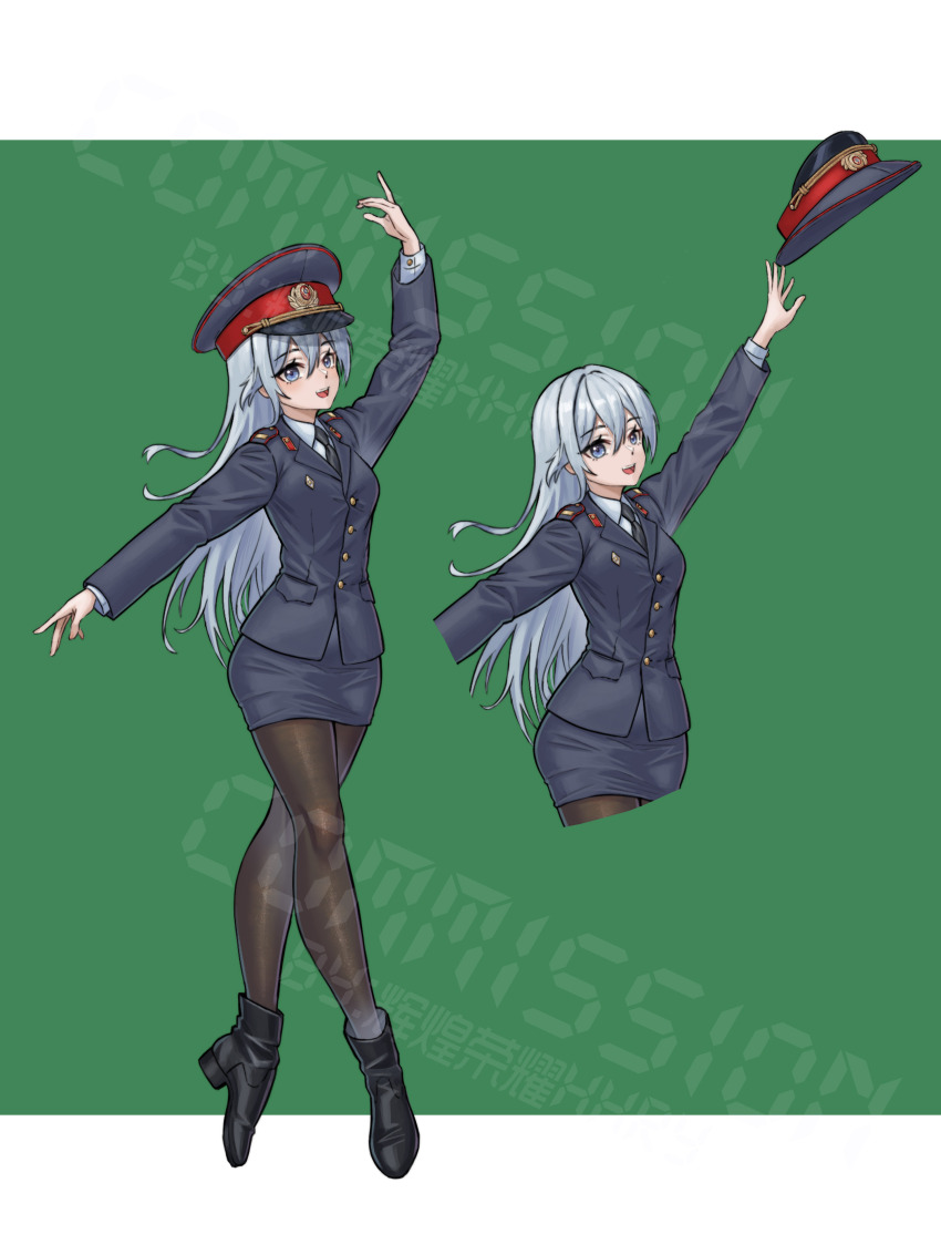 absurdres black_pantyhose blue_eyes epaulettes grey_hair hat highres huihuang_rongyao long_hair necktie original pantyhose peaked_cap pencil_skirt police police_hat police_uniform policewoman skirt soviet