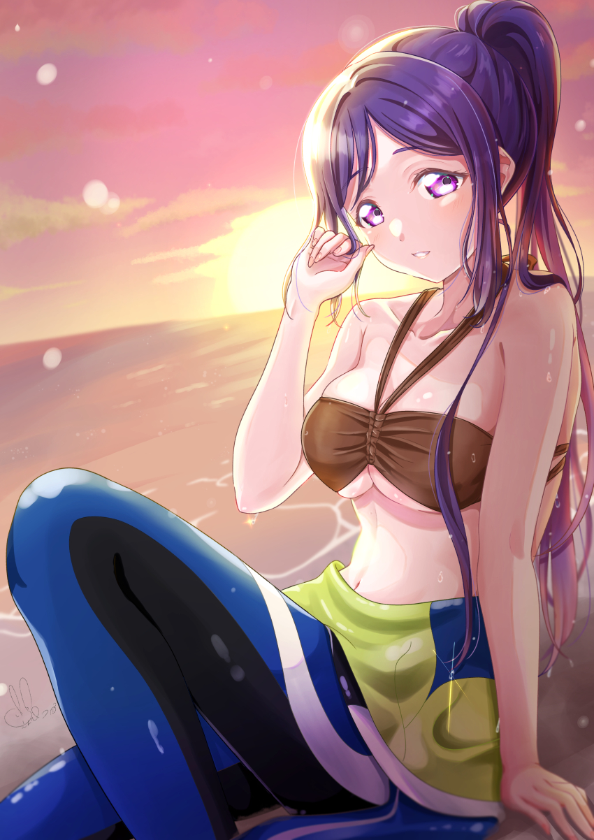 1girl absurdres beach bikini black_bikini black_wetsuit blue_wetsuit blush bodysuit breasts diving_suit dutch_angle feet_out_of_frame grin halterneck hand_rest hand_up high_ponytail highres iroenpitsu_xxx knee_up long_hair looking_at_viewer love_live! love_live!_sunshine!! matsuura_kanan medium_breasts multi-strapped_bikini_top navel on_ground partially_undressed pink_sky purple_eyes purple_hair sidelocks sitting sky smile solo stomach sunset swimsuit underboob wetsuit