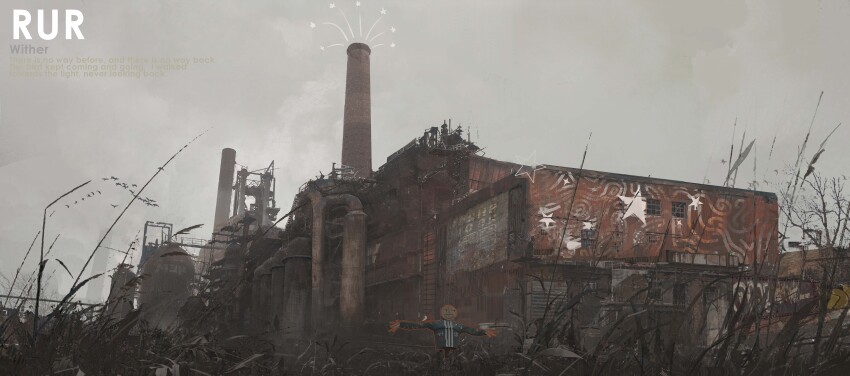 absurdres building cloud cloudy_sky english_text euroroyan factory grass highres industrial industrial_pipe no_humans original outdoors scarecrow scenery sky star_(symbol)