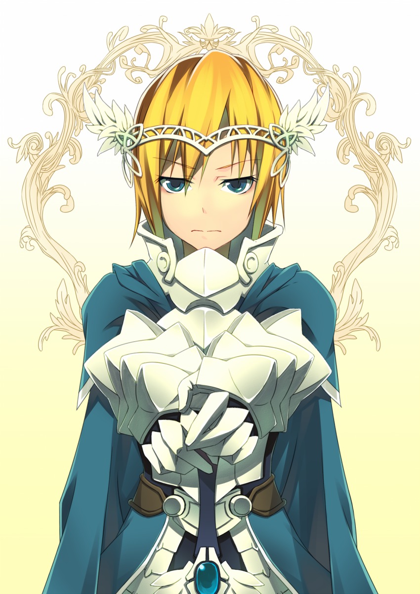 1girl armor blonde_hair blue_eyes cape female_focus gauntlets highres holding looking_at_viewer original short_hair solo sword touryou weapon