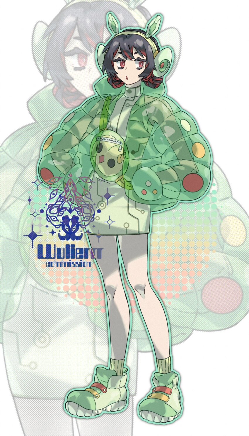 1girl :o black_hair character_bag creatures_(company) double_bun dress eyelashes full_body game_freak gen_5_pokemon green_dress green_footwear green_jacket green_socks hair_bun hands_in_pockets headphones highres jacket looking_to_the_side multicolored_hair nintendo personification pokemon red_eyes red_hair reuniclus see-through_clothes see-through_jacket simple_background socks solo solosis standing two-tone_hair white_background wulie_errr