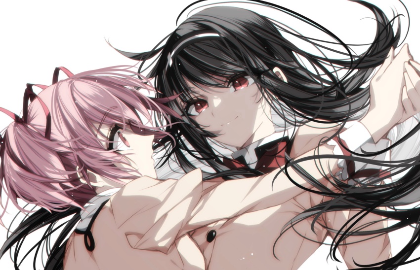 2girls akemi_homura black_hair black_hairband black_shirt bow bowtie closed_mouth collared_shirt dancing floating_hair hair_ribbon hairband highres holding_hands juliet_sleeves kaname_madoka long_hair long_sleeves looking_at_another mahou_shoujo_madoka_magica mahou_shoujo_madoka_magica:_walpurgis_no_kaiten misteor mitakihara_school_uniform multiple_girls pink_hair puffy_sleeves red_bow red_bowtie red_eyes red_ribbon ribbon school_uniform shirt short_twintails smile sweater turtleneck turtleneck_shirt twintails very_long_hair white_shirt yellow_sweater