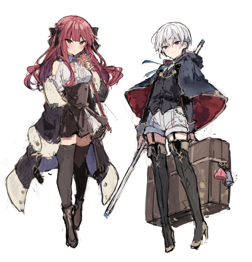 1boy 1girl anna_(ikeuchi_tanuma) black_bow black_cape black_coat black_thighhighs black_vest blue_eyes blush boots bow brown_footwear brown_skirt cape closed_mouth coat hair_between_eyes hair_bow heart_wand high-waist_skirt high_heel_boots high_heels highres holding holding_staff holding_wand hood hooded_cape ikeuchi_tanuma long_hair long_sleeves looking_at_viewer off_shoulder open_clothes open_coat original red_cape red_hair rudy_(ikeuchi_tanuma) shirt short_shorts shorts simple_background sketch skirt sleeves_past_fingers sleeves_past_wrists smile smug staff suitcase thigh_boots thighhighs two-sided_cape two-sided_fabric vest wand white_background white_hair white_shirt white_shorts