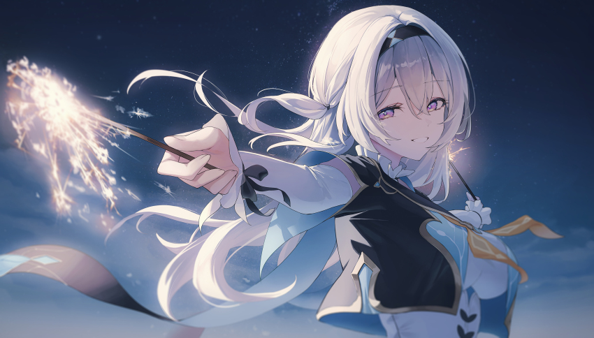 1girl black_hairband black_jacket breasts clenched_teeth cropped_jacket firefly_(honkai:_star_rail) grey_hair hairband highres holding holding_fireworks honkai:_star_rail honkai_(series) jacket large_breasts long_hair looking_at_viewer moda_(mo_da_3) neckerchief night night_sky open_mouth outstretched_arms purple_eyes shirt sky solo star_(sky) teeth upper_body white_shirt yellow_neckerchief