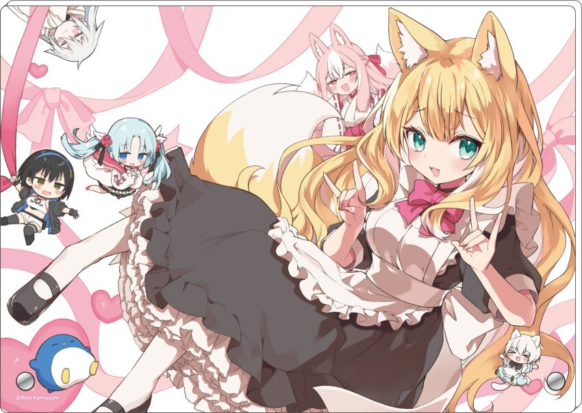 animal_ear_fluff animal_ears apron artist_name bird black_dress black_hair black_shirt blonde_hair blue_eyes blue_hair bow bowtie colored_inner_hair double-parted_bangs double_fox_shadow_puppet dress fang fox_ears fox_girl fox_shadow_puppet fox_tail frilled_apron frills fuwafuwa-chan_(kamiyoshi_rika) green_eyes heart highres kamiyoshi_rika long_hair looking_at_viewer maid maid_apron mary_janes multicolored_hair multiple_girls okitsune-sama_(kamiyoshi_rika) open_mouth original penguin petticoat pink_eyes pink_hair red_bow red_bowtie red_ribbon ribbon second-party_source shirt shoes short_sleeves smile tail very_long_hair wavy_hair white_apron white_background white_hair