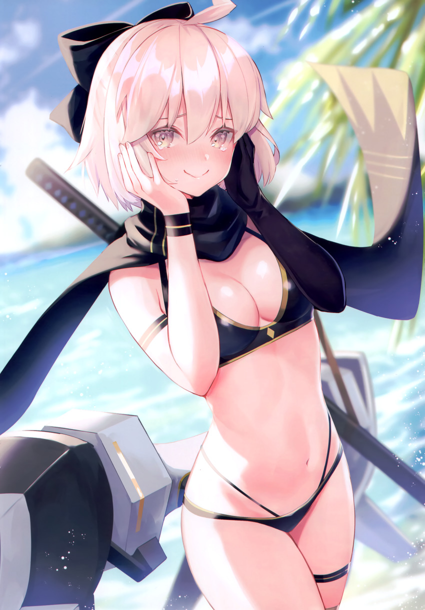 1girl absurdres bikini black_bikini blush breasts cleavage closed_mouth day fate/grand_order fate_(series) highres looking_at_viewer medium_breasts navel okita_j._souji_(fate) okita_j._souji_(first_ascension)_(fate) okita_souji_(fate) outdoors scan scarf simple_background smile solo stomach suzuho_hotaru swimsuit sword thigh_strap thighs weapon weapon_on_back