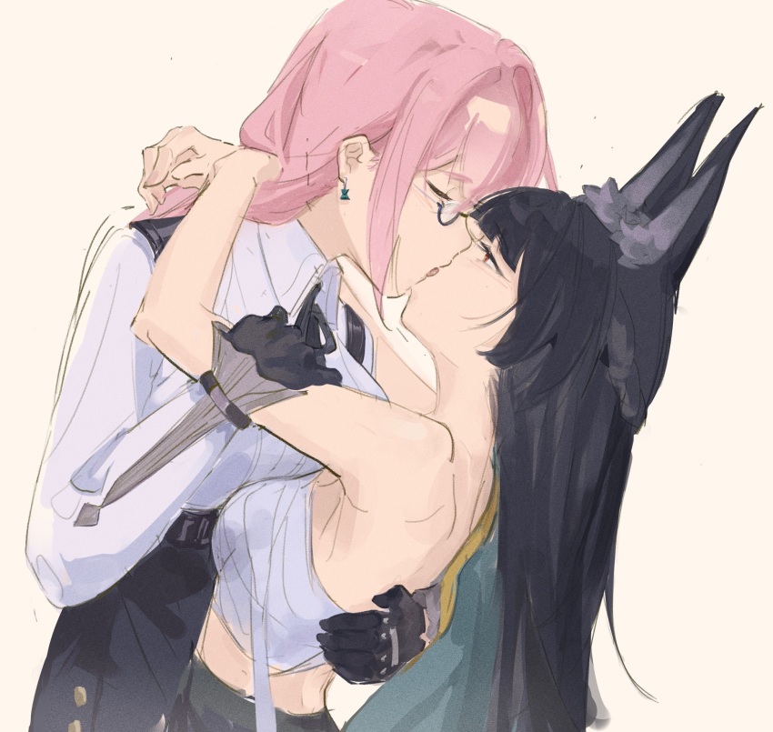 2girls animal_ear_fluff animal_ears arms_around_neck bandaged_chest bandages bare_arms black_gloves black_hair bluhbold blush closed_eyes commentary dress_shirt earrings fox_ears fox_girl french_kiss glasses gloves hand_on_another&#039;s_back hashtag-only_commentary highres holding_another&#039;s_arm hoshimi_miyabi jewelry kiss long_hair multiple_girls pink_hair red_eyes shirt simple_background symbol-only_commentary tsukishiro_yanagi upper_body white_shirt yuri zenless_zone_zero