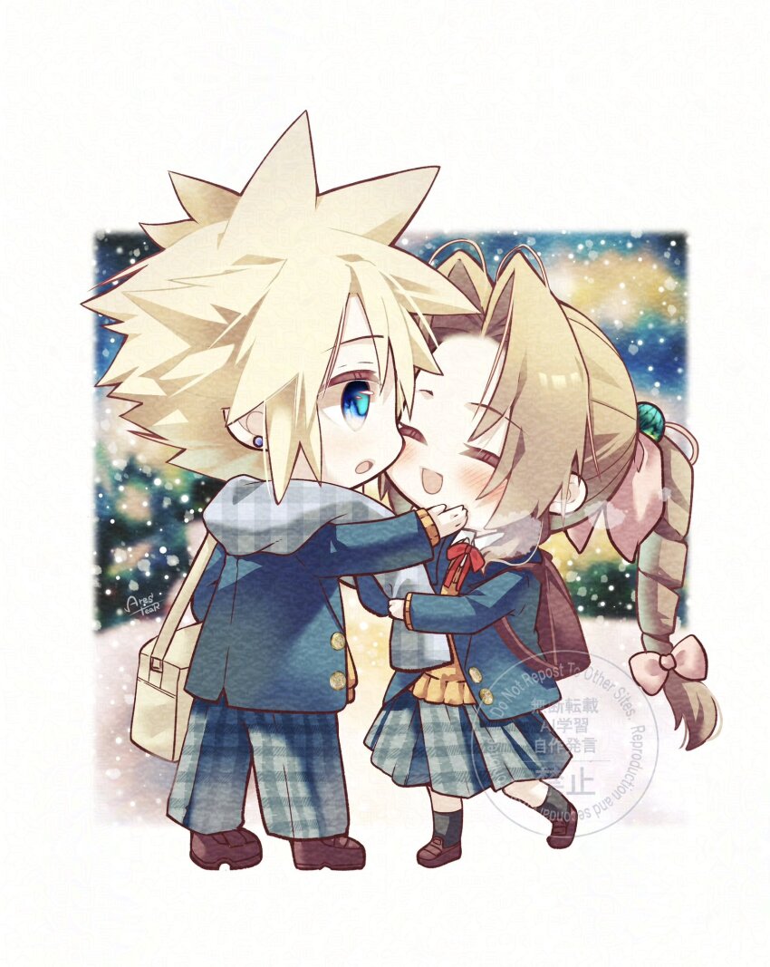 1boy 1girl adjusting_another&#039;s_clothes aerith_gainsborough alternate_costume arestear0701 artist_name backpack bag black_socks blonde_hair blue_eyes blue_jacket blush border bow bowtie braid braided_ponytail brown_bag brown_footwear brown_hair chibi christmas_lights closed_eyes cloud_strife collared_shirt commentary_request earrings final_fantasy final_fantasy_vii hair_between_eyes hair_bobbles hair_ornament hair_ribbon hand_on_another&#039;s_cheek hand_on_another&#039;s_face highres jacket jewelry loafers long_hair materia official_alternate_costume open_mouth pants parted_bangs parted_lips pink_ribbon plaid_clothes plaid_pants plaid_scarf plaid_skirt pleated_skirt red_bow red_bowtie ribbon scarf school_uniform shirt shoes short_hair shoulder_bag sidelocks single_braid single_earring skirt smile socks spiked_hair sweater_vest white_border white_shirt yellow_sweater_vest