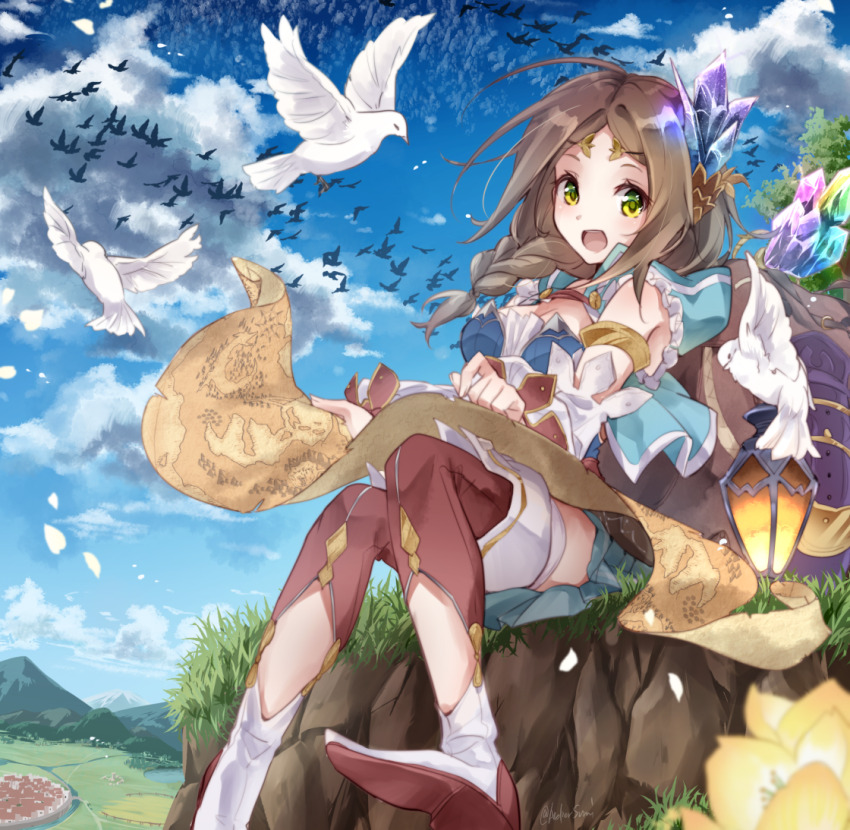 1girl :d atelier_(series) atelier_firis bird blue_shirt blue_skirt blue_sky boots braid brown_footwear brown_hair cloud commentary_request crystal_hair_ornament day dove firis_mistlud flock grass green_eyes holding holding_map karasumi_(aiseec) long_hair looking_at_viewer map map_(object) oil_lamp open_mouth outdoors shirt sitting skirt sky smile solo thigh_boots