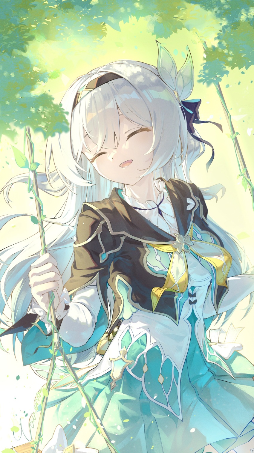 1girl absurdres aqua_skirt black_hairband black_jacket caisena closed_eyes collared_shirt cropped_jacket firefly_(honkai:_star_rail) grey_hair hairband highres honkai:_star_rail honkai_(series) jacket leaf long_hair open_mouth shirt skirt solo swing_set white_shirt