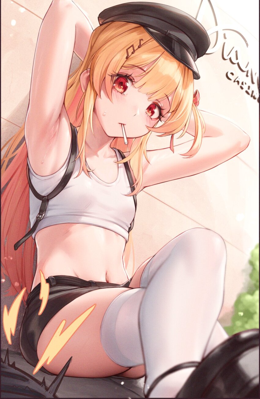 1girl armpits arms_behind_head blonde_hair breasts collarbone crop_top foreshortening fortissimo from_below hair_ornament hairclip hat highres hololive hololive_dev_is hololive_grand_theft_auto long_hair looking_at_viewer midriff mouth_hold musical_note musical_note_hair_ornament navel one_side_up orange_eyes otonose_kanade padoruu police_hat sitting small_breasts solo sweat thighhighs virtual_youtuber