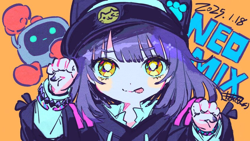 1girl :p animal_ears animal_hat baseball_cap bracelet cat_hat character_name commentary_request denonbu fake_animal_ears hands_up hat highres jewelry kiato kurogane_tama long_sleeves looking_at_viewer paw_pose purple_hair short_hair signature smile solo tongue tongue_out upper_body yellow_eyes