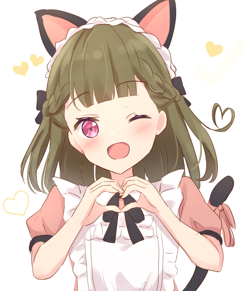 1girl ;d absurdres animal_ear_hairband animal_ears apron black_hairband braid brown_hair cat_ear_hairband cat_ears cat_tail center-flap_bangs commentary cosplay dress fake_animal_ears fake_tail frilled_apron frills fujishima_megumi fujishima_megumi_(cosplay) fujishima_megumi_(m&#039;s_one_day) hairband hanazora_satsuki heart heart_hair heart_hands highres kachimachi_kosuzu link!_like!_love_live! long_hair looking_at_viewer love_live! maid maid_apron maid_headdress one_eye_closed open_mouth pink_dress pink_eyes puffy_short_sleeves puffy_sleeves short_sleeves side_ahoge side_braids simple_background smile solo split_mouth tail virtual_youtuber white_apron white_background