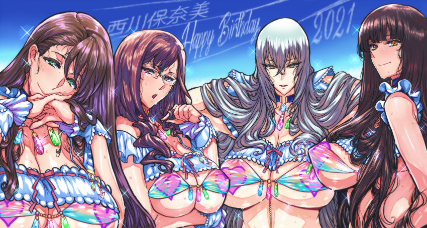 2021 4girls bikini black_hair blunt_bangs breasts brown_eyes brown_hair character_name collarbone commentary_request covered_erect_nipples frilled_cuffs frills glasses green_eyes grey_hair hair_between_eyes hand_up hands_up happy_birthday heart_pasties highres idolmaster idolmaster_cinderella_girls jewelry kurokawa_chiaki large_breasts long_hair looking_at_viewer multiple_girls nishikawa_honami open_mouth own_hands_clasped own_hands_together pasties purple_eyes red_ribbon ribbon rimless_eyewear see-through_clothes sideboob smile sweat swimsuit takamine_noa upper_body warainaku yagami_makino