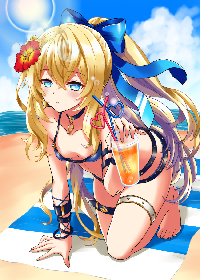 bikini black_choker blonde_hair blue_bikini blue_bow blue_eyes bow breasts choker crazy_straw cup disposable_cup drinking_straw flower hair_flower hair_ornament heart_straw hibiscus highres juice masamurai official_alternate_costume ponytail riltet_(shironeko_project) shironeko_project small_breasts swimsuit thigh_strap