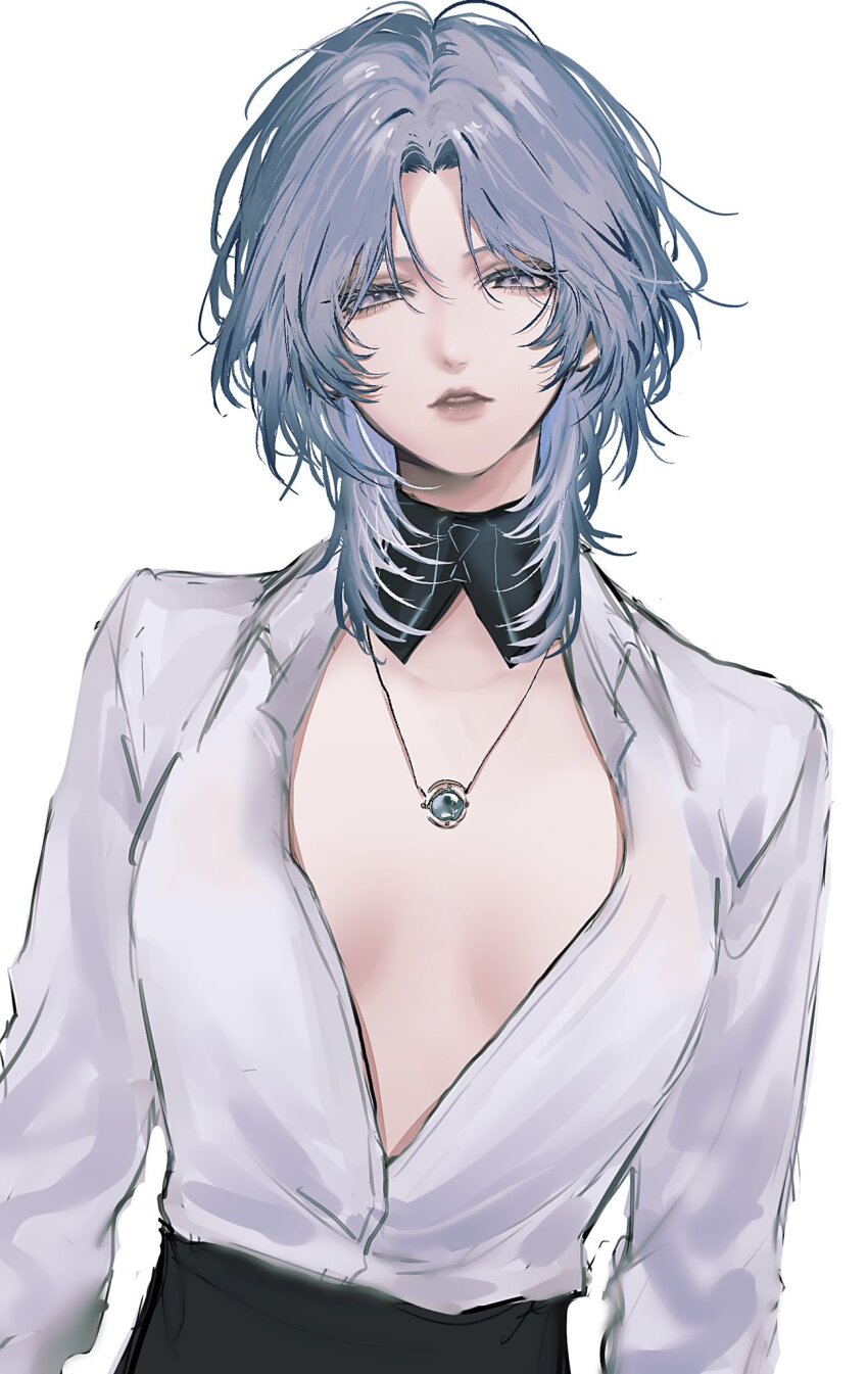 1girl black_pants blue_hair breasts collared_shirt commentary curtained_hair detached_collar dress_shirt forehead high-waist_pants highres jewelry looking_at_viewer medium_breasts medium_hair necklace no_bra ogai pants parted_bangs parted_lips partially_unbuttoned path_to_nowhere shirt simple_background solo straight-on symbol-only_commentary tetra_(path_to_nowhere) upper_body white_background white_shirt