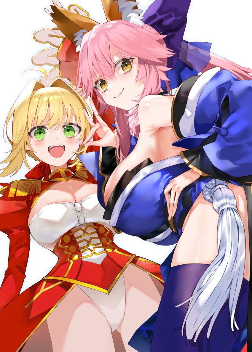 2girls absurdres ahoge animal_ear_fluff animal_ears bare_shoulders blonde_hair blue_bow blue_kimono blue_thighhighs blush bow braid breasts cleavage cleavage_cutout clothing_cutout detached_collar detached_sleeves dress epaulettes fate/extra fate_(series) fox_ears fox_girl gold_trim green_eyes hair_between_eyes hair_bow hair_bun hair_intakes hair_ribbon highres japanese_clothes juliet_sleeves kimono kou_mashiro large_breasts long_hair long_sleeves looking_at_viewer looking_back multiple_girls nero_claudius_(fate) nero_claudius_(fate)_(all) nero_claudius_(fate/extra) obi pink_hair puffy_sleeves red_dress red_ribbon ribbon sash sidelocks smile tamamo_(fate) tamamo_no_mae_(fate/extra) tassel thighhighs thighs twintails wide_sleeves yellow_eyes