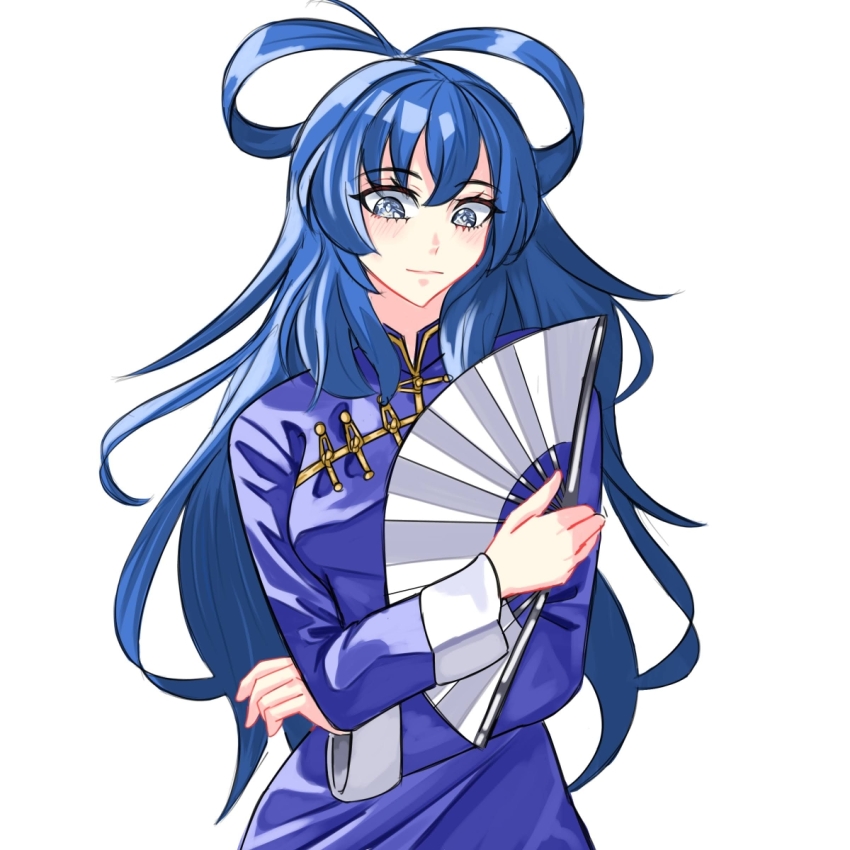 1girl alternate_costume alternate_hair_length alternate_hairstyle blue_dress blue_eyes blue_hair blue_theme china_dress chinese_clothes closed_mouth dress feixianji_(hairstyle) folding_fan hair_rings hand_fan highres holding holding_fan kaku_seiga kokoro_no_koibito light_blush light_smile long_sleeves looking_down pankou simple_background solo touhou upper_body white_background