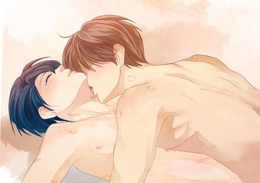 1boy 1girl armpits blue_hair blush brown_hair collarbone couple eny3240 closed_eyes flat_chest gekkan_shoujo_nozaki-kun hetero hickey hori_masayuki implied_sex kashima_yuu licking licking_another&#039;s_neck light_blush lips lying short_hair sweatdrop tears