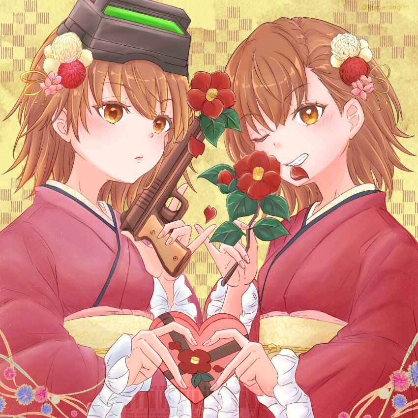 2girls ;) asymmetrical_bangs box brown_eyes brown_hair candy chocolate chocolate_heart commentary_request flower food hair_ornament head-mounted_display heart heart-shaped_box heart-shaped_food heart_hands highres holding holding_box holding_toy_gun japanese_clothes kanzashi kimono komemogoo misaka_imouto misaka_mikoto mouth_hold multiple_girls obi one_eye_closed parted_lips pink_kimono red_flower sash short_hair simple_background smile toaru_kagaku_no_railgun toaru_majutsu_no_index yellow_background