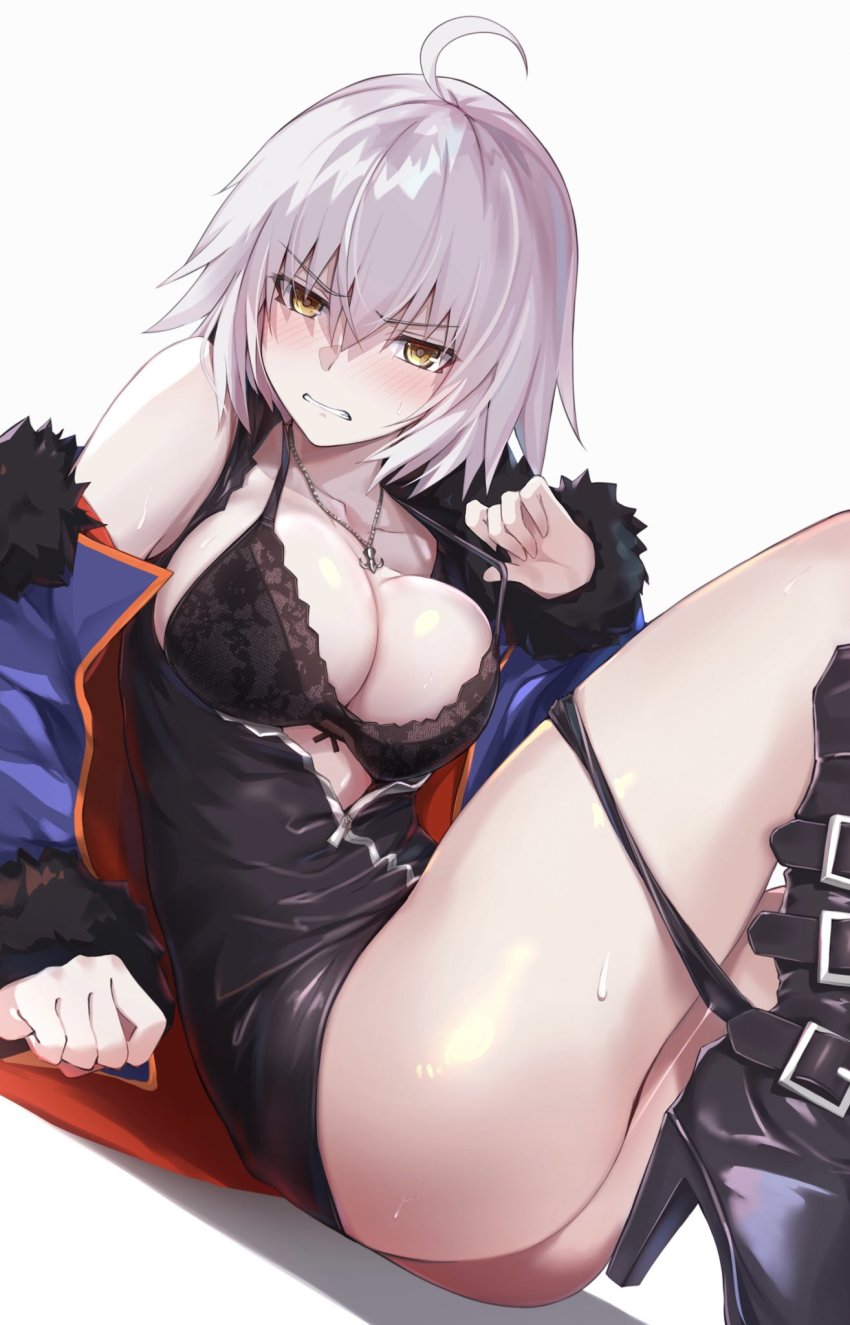 1girl ass bee_doushi black_bra black_footwear black_panties blush boots bra breasts cleavage clenched_teeth collarbone commentary_request fate/grand_order fate_(series) high_heel_boots high_heels highres jacket jeanne_d&#039;arc_(fate) jeanne_d&#039;arc_alter_(fate) jeanne_d&#039;arc_alter_(ver._shinjuku_1999)_(fate) jewelry knee_boots large_breasts looking_at_viewer necklace official_alternate_costume pale_skin panties panty_pull short_hair solo sweat teeth thighs underwear white_hair wicked_dragon_witch_ver._shinjuku_1999 yellow_eyes