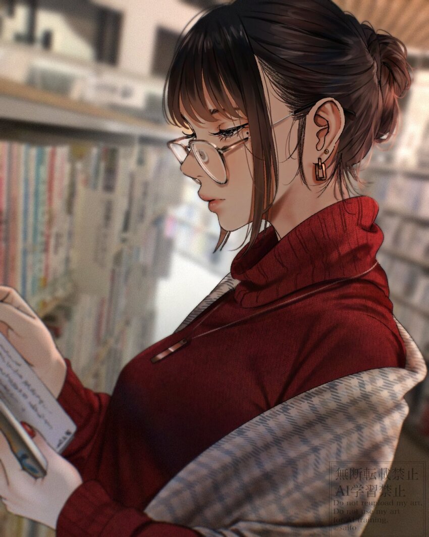 1girl blurry blurry_background book bookshelf brown_hair commentary_request earrings from_side glasses hair_bun highres indoors jewelry looking_down mole mole_under_eye necklace open_book original reading red_nails red_sweater saitou_(lynx-shrike) shawl sidelocks solo sweater turtleneck turtleneck_sweater