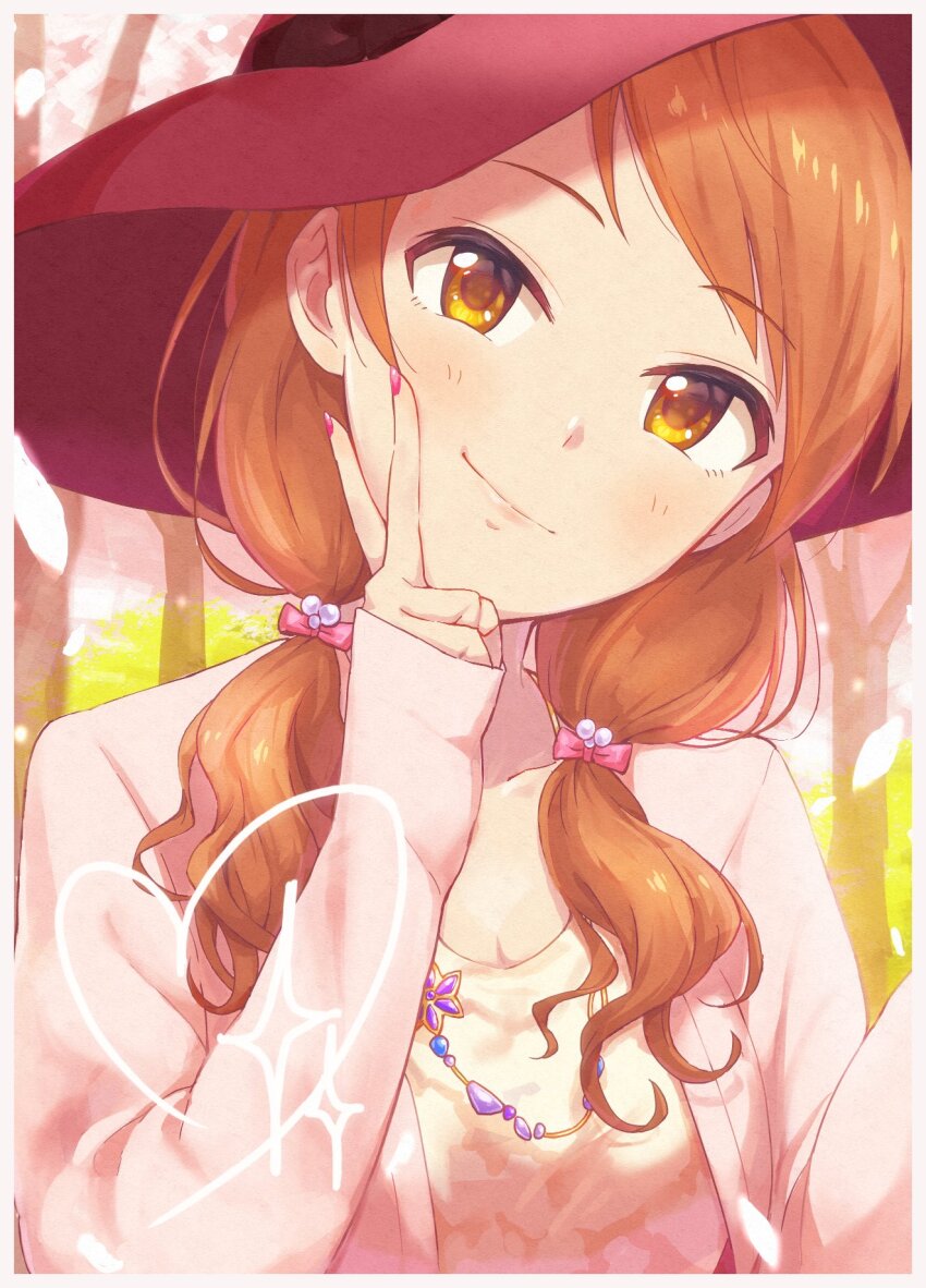 1girl blush bow breasts brown_eyes brown_hair bush cleavage closed_mouth collarbone falling_petals hair_bow hair_ribbon hand_up hat heart highres hojo_karen idolmaster idolmaster_cinderella_girls idolmaster_cinderella_girls_starlight_stage jacket jewelry long_hair long_sleeves looking_at_viewer low_twintails medium_breasts monza nail_polish necklace open_clothes open_jacket outdoors petals pink_jacket pink_nails pink_ribbon pink_shirt ribbon shirt sleeves_past_wrists smile solo sparkle tree twintails upper_body v