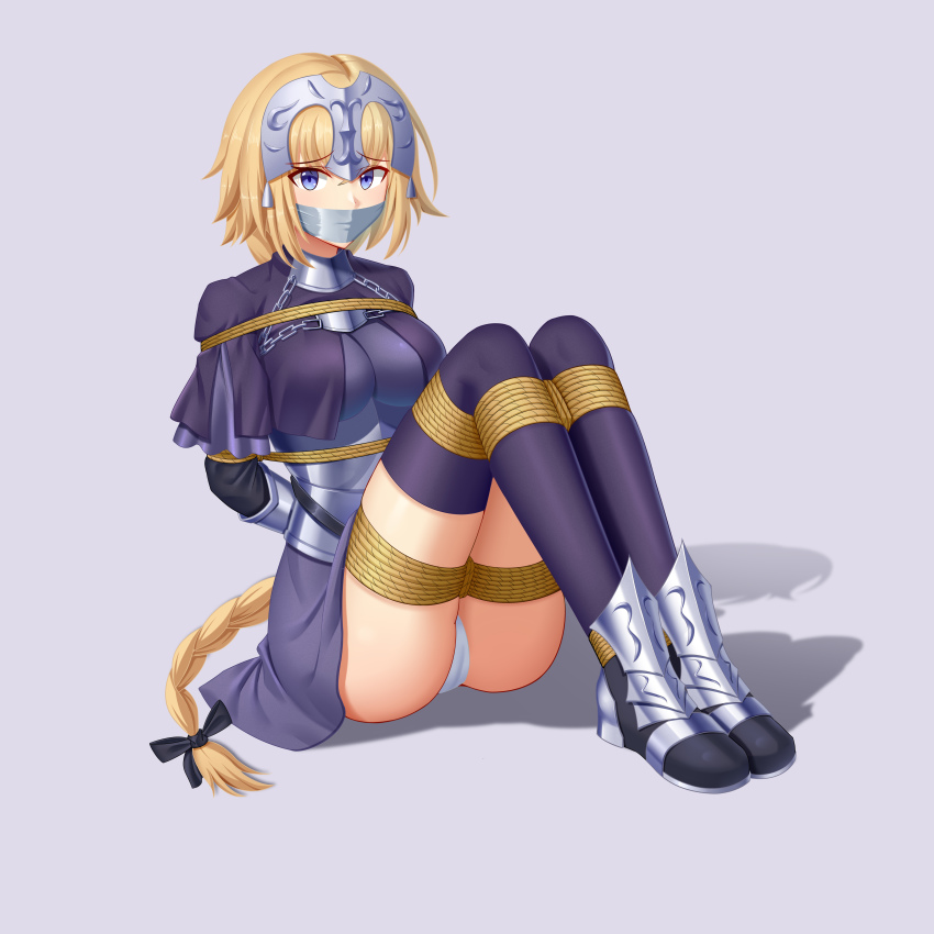 1girl absurdres armor armored_dress arms_behind_back ass bdsm blonde_hair blue_eyes blush bondage bound bound_arms braid breasts fate/apocrypha fate/grand_order fate_(series) faulds gag gagged gauntlets headpiece highres improvised_gag jeanne_d&#039;arc_(fate) jeanne_d&#039;arc_(ruler)_(fate) kaddo large_breasts long_braid long_hair looking_at_viewer panties plackart restrained rope single_braid sitting solo tape tape_gag thighhighs underwear user_ketu7482 very_long_hair white_panties