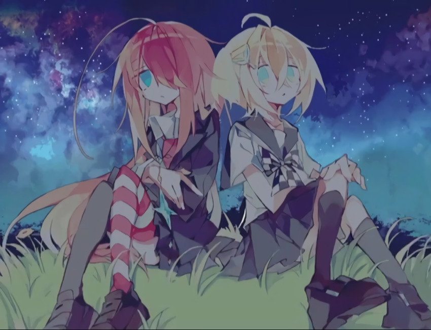 2girls ahoge bad_source blue_eyes hello_hello_world! highres katsuragi_ichika kotobuki_towako long_hair meto_(metrin) multiple_girls official_art orange_hair pink_hair second-party_source sky star_(sky) star_(symbol) stargazing starry_sky starry_sky_background striped_clothes striped_legwear striped_thighhighs thighhighs very_long_hair