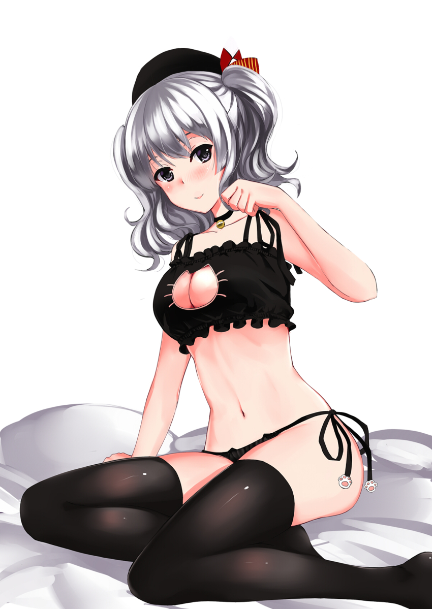 10s 1girl animal_hands bell black_thighhighs blush bra breasts cat_cutout cat_ear_panties cat_lingerie choker cleavage cleavage_cutout clothing_cutout female_focus grey_eyes highres jingle_bell kantai_collection kashima_(kancolle) large_breasts long_hair looking_at_viewer meme_attire mizuki_(mizuki_ame) navel panties short_hair side-tie_panties sidelocks silver_hair sitting smile solo thighhighs twintails underwear underwear_only wavy_hair