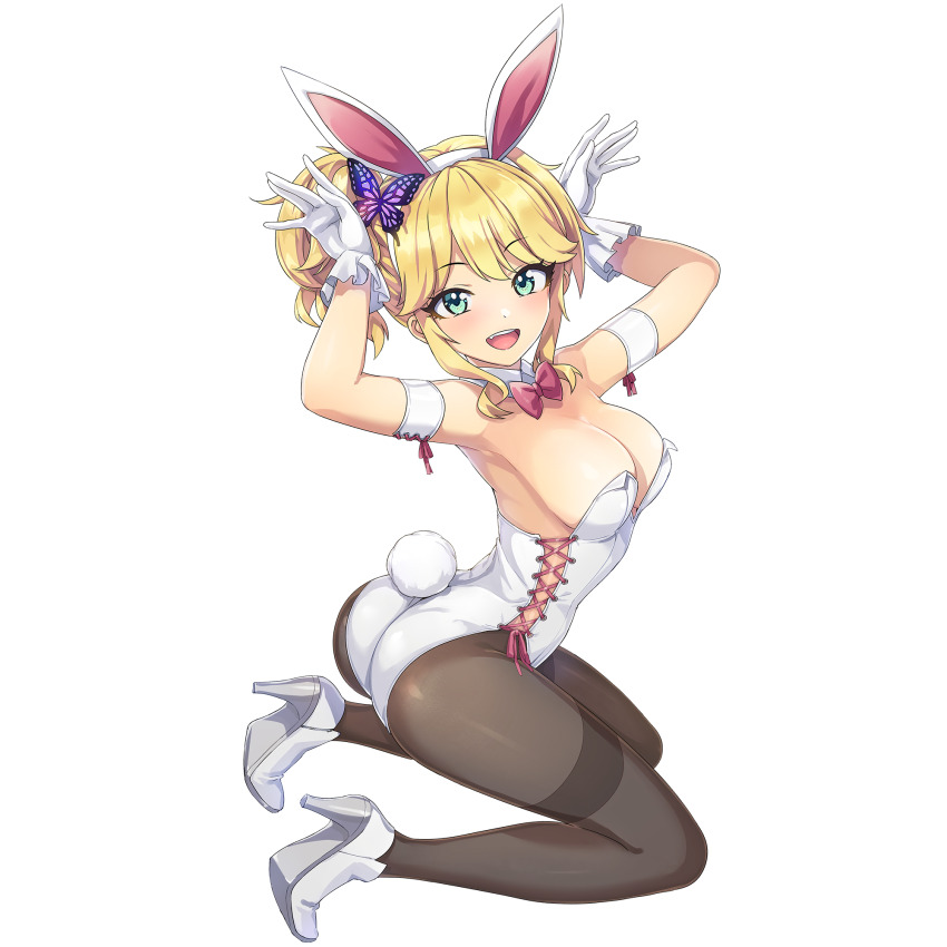 1girl ass blonde_hair bow bowtie breasts butterfly_hair_ornament cleavage dolphin_wave gloves green_eyes hair_ornament high_heels highres izumi_kiri leotard official_art ootomo_takuji open_mouth pantyhose playboy_bunny rabbit_ears rabbit_tail side_ponytail solo transparent_background white_gloves white_leotard