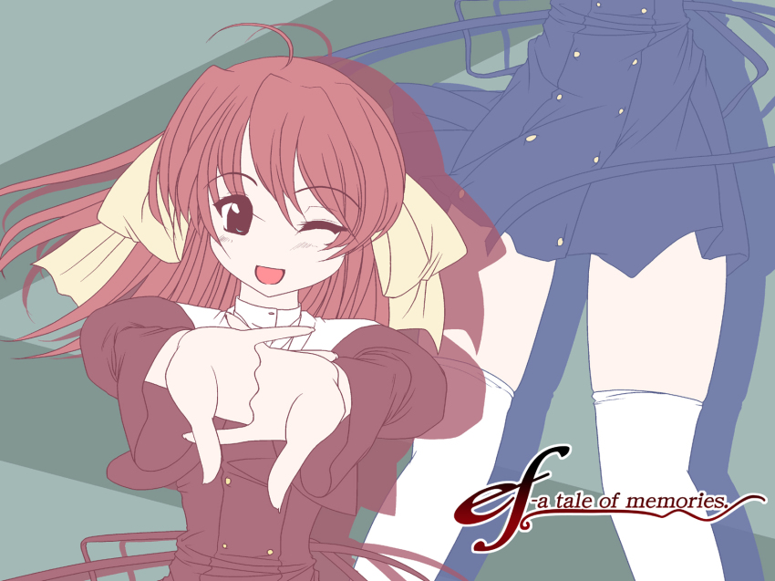 00s 1girl blue_dress dress ef_(visual_novel) female_focus frapowa highres limited_palette long_sleeves looking_at_viewer miyamura_miyako outstretched_arms red_dress red_eyes red_hair solo thighhighs white_thighhighs zettai_ryouiki