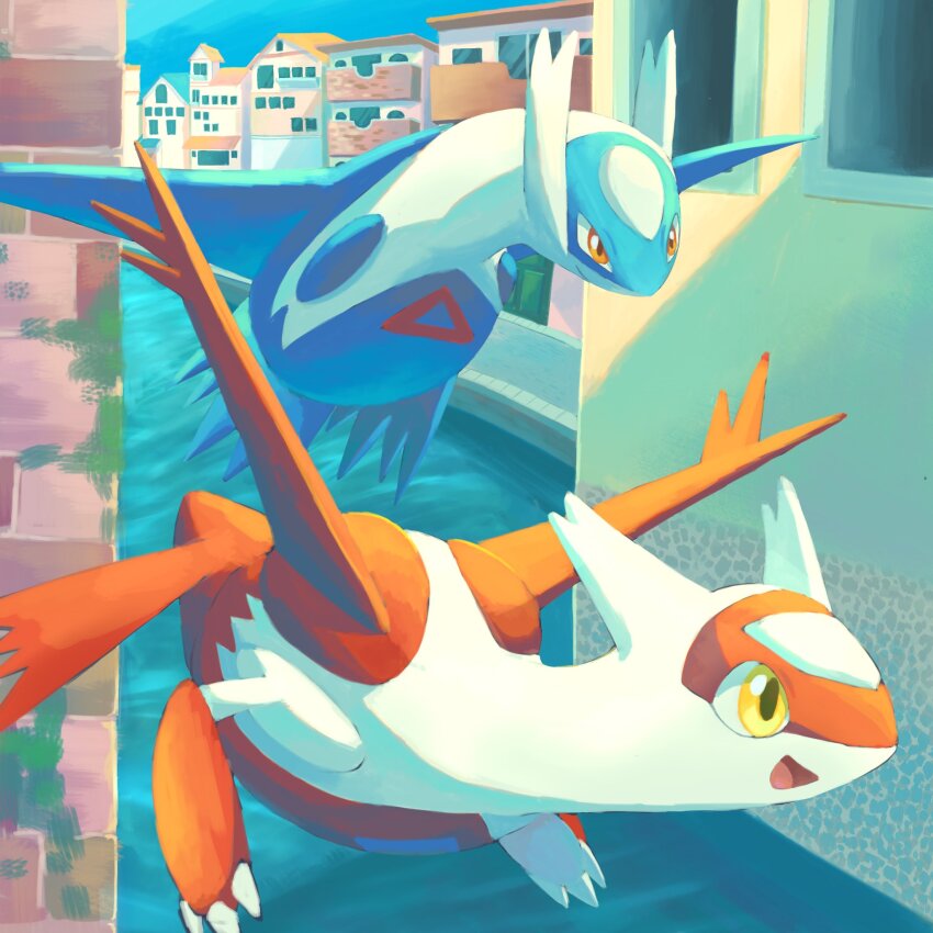 blue_wings creatures_(company) dragon flying game_freak gen_3_pokemon hashtag-only_commentary highres house keruasu0629 latias latios legendary_pokemon midair nintendo no_humans pokemon red_eyes red_wings smile water wings yellow_eyes