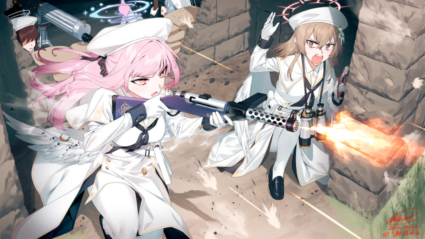 4girls belt beret binoculars blew_andwhite blonde_hair blue_archive brown_eyes brown_hair commentary_request commission dress finger_on_trigger flower gloves grey_hair gun hair_flower hair_ornament handgun hat highres holding holding_weapon lanchester_smg m1_garand machine_gun mary_janes maxim_gun mika_(blue_archive) multiple_girls nagisa_(blue_archive) no_eyes pink_hair pouch rifle sailor_collar sandbag shoes shouting simple_background skeb_commission submachine_gun taking_cover tea_party_militant_(blue_archive) trigger_discipline walther walther_ppk weapon white_dress white_gloves wings yellow_eyes