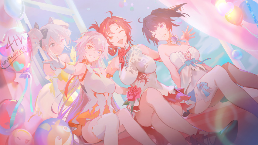 4girls balloon bare_shoulders blue_eyes breasts bronya_zaychik cleavage closed_mouth crossed_legs dress drill_hair flower gloves grey_eyes grey_hair grin heterochromia highres honkai_(series) honkai_impact_3rd kiana_kaslana long_hair looking_at_viewer multiple_girls murata_himeko naye one_eye_closed open_mouth ponytail purple_eyes purple_hair raiden_mei raiden_mei_(valkyrie_bladestrike) red_flower red_hair red_rose rose single_thighhigh sitting sleeveless sleeveless_dress smile strapless strapless_dress teeth thighhighs twin_drills white_dress white_gloves white_hair white_legwear yellow_eyes