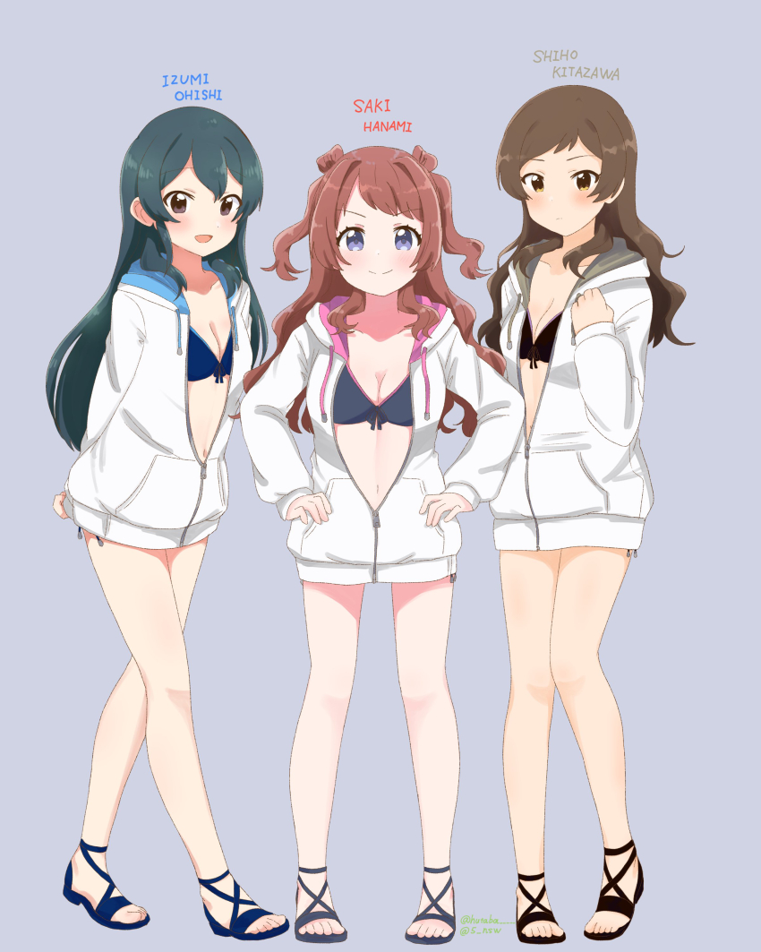 3girls absurdres bare_legs bikini bikini_under_clothes blush breasts character_name cleavage collarbone front-tie_bikini_top front-tie_top full_body gakuen_idolmaster grey_background hanami_saki highres hood hooded_jacket hutaba idolmaster idolmaster_cinderella_girls idolmaster_million_live! in-franchise_crossover jacket jacket_over_swimsuit kitazawa_shiho looking_at_viewer medium_breasts multiple_girls ohishi_izumi romaji_text sandals side-tie_peek simple_background smile straight_hair swimsuit two-sided_fabric two-sided_jacket two_side_up white_jacket