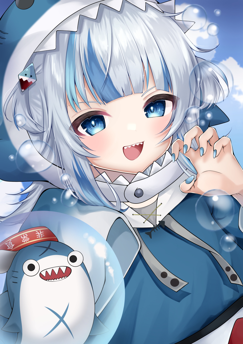 1girl absurdres animal_costume animal_hood bloop_(gawr_gura) blue_hair blue_hoodie blue_nails blush bubble claw_pose gawr_gura gawr_gura_(1st_costume) grey_hair hair_ornament highres hololive hololive_english hood hoodie looking_at_viewer medium_hair multicolored_hair nail_polish neko_neneko open_mouth shark_costume shark_hair_ornament shark_hood sharp_teeth smile solo streaked_hair teeth two_side_up upper_teeth_only virtual_youtuber